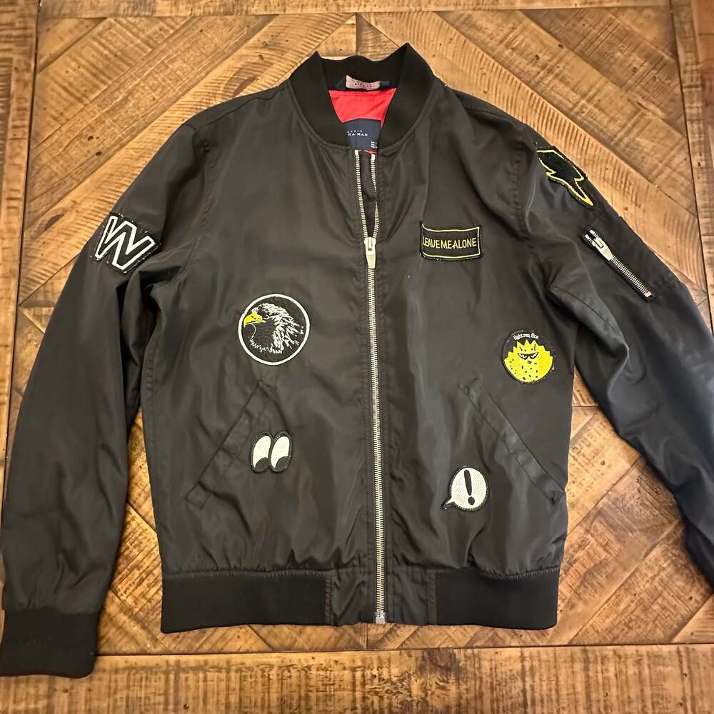 Zara Man Black Bomber Jacket with Multi-Patch Graphic Detail